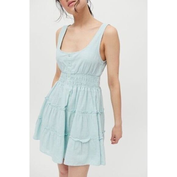 URBAN OUTFITTERS Hailey Cotton Tiered Mini Dress in Sky Blue Size M. B24 - Picture 2 of 7